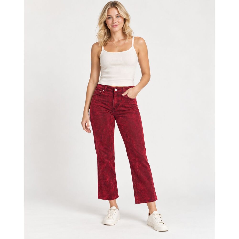 KUT from the Kloth Kelsey Red Flocked High Rise Ankle Flare Raw Hem Jeans Size 8